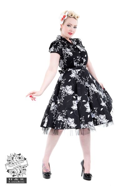 50's Imitation Black White Floral Tea Dress in Black/White - Hearts ...