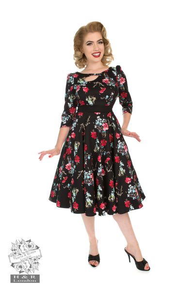 Yasmin Floral Tea Dress in Black - Hearts & Roses London