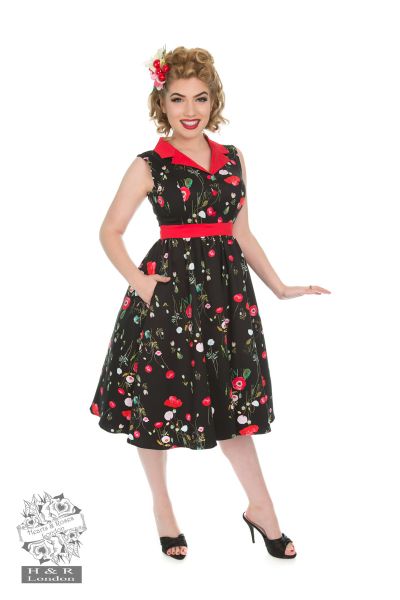 Multifloral Poppy Dress in Black/Red - Hearts & Roses London