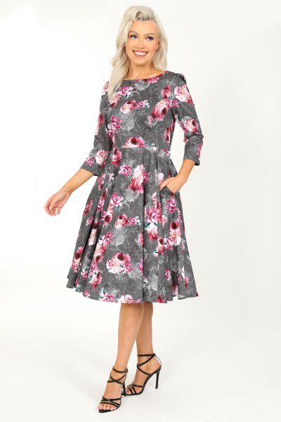 Harriet Floral Swing Dress in Grey - Hearts & Roses London